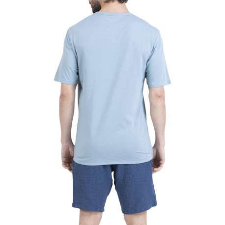 Pyjama court en coton bleu uni pourvu d'une coupe droite et d'un col tunisien - Image 2
