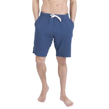 Pyjama court en coton bleu uni pourvu d'une coupe droite et d'un col tunisien - Image 3