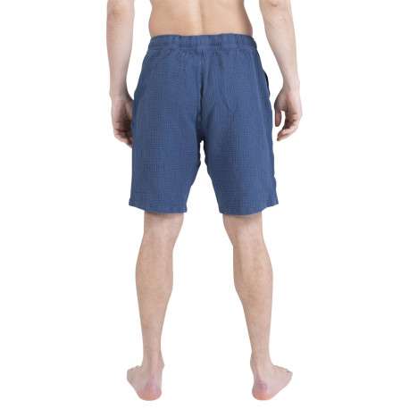 Pyjama court en coton bleu uni pourvu d'une coupe droite et d'un col tunisien - Image 4