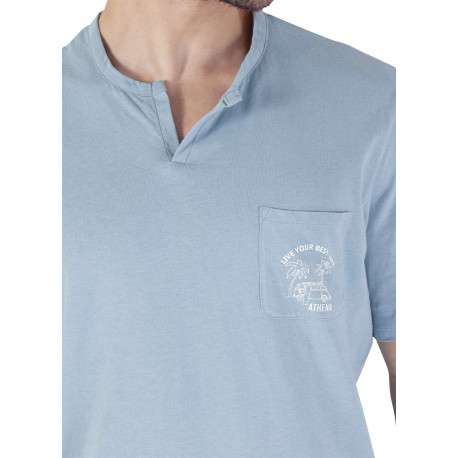 Pyjama court en coton bleu uni pourvu d'une coupe droite et d'un col tunisien - Image 5