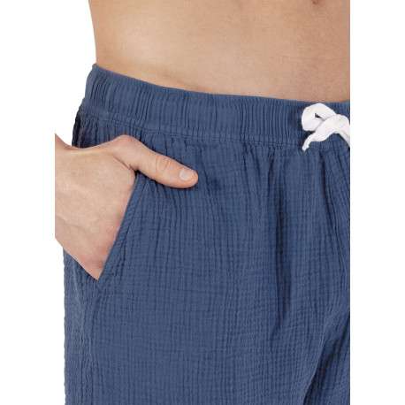 Pyjama court en coton bleu uni pourvu d'une coupe droite et d'un col tunisien - Image 6