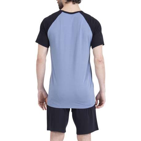 Pyjama court en coton bleu uni pourvu d'une coupe droite et d'un col rond - Image 2
