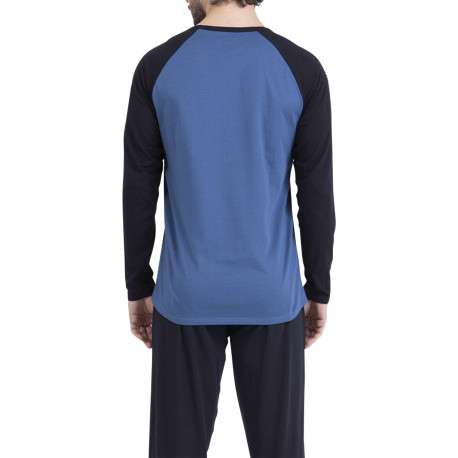 Pyjama long en coton bleu uni pourvu d'une coupe droite et d'un col rond - Image 2