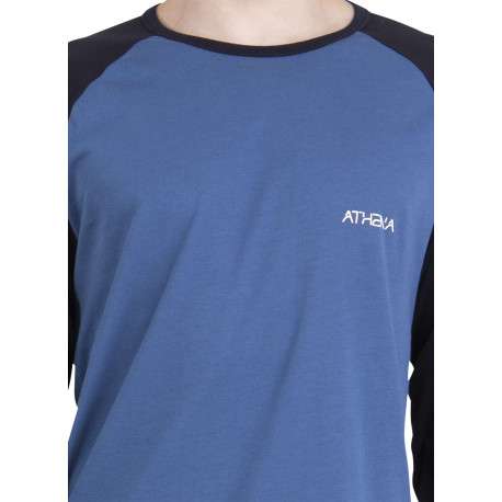Pyjama long en coton bleu uni pourvu d'une coupe droite et d'un col rond - Image 5