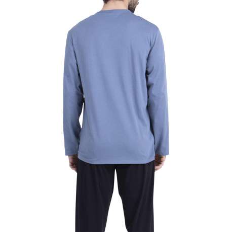 Pyjama long en coton bleu uni pourvu d'un col rond et d'une coupe droite - Image 2