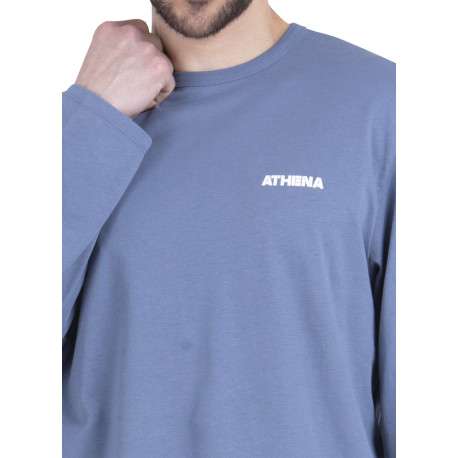 Pyjama long en coton bleu uni pourvu d'un col rond et d'une coupe droite - Image 5