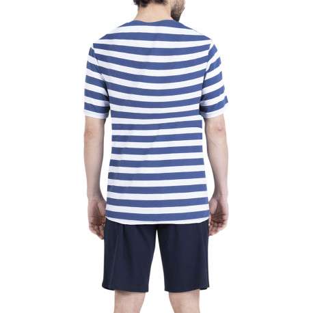 Pyjama court en coton bleu à rayures pourvu d'une coupe droite et d'un col rond - Image 2