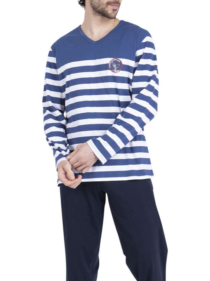 Pyjama long en coton bleu à...