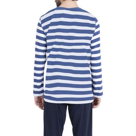 Pyjama long en coton bleu à rayures pourvu d'une coupe droite et d'un col v - Image 2