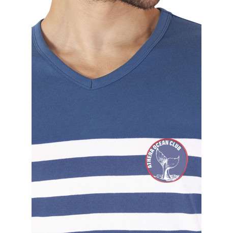 Pyjama long en coton bleu à rayures pourvu d'une coupe droite et d'un col v - Image 5