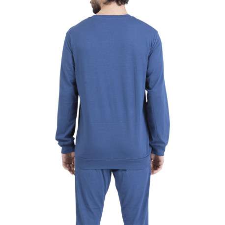 Pyjama long en coton bleu uni pourvu d'une poche plaquée sur le coeur - Image 2