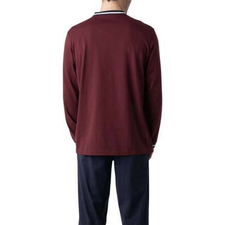 Pyjama long en coton bordeaux uni pourvu d'une coupe droite et d'un col boutonné - Image 2