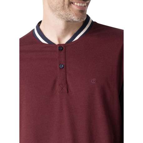 Pyjama long en coton bordeaux uni pourvu d'une coupe droite et d'un col boutonné - Image 5
