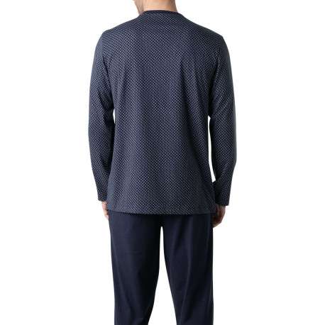 Pyjama long en coton marine à motifs pourvu d'une coupe droite et d'un col v - Image 2