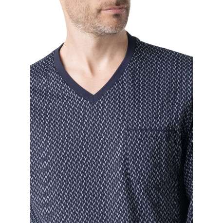 Pyjama long en coton marine à motifs pourvu d'une coupe droite et d'un col v - Image 5