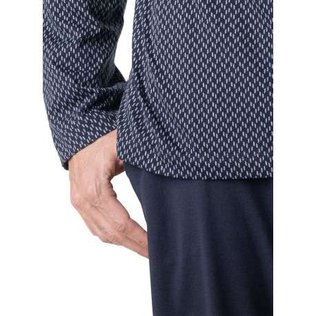 Pyjama long en coton marine à motifs pourvu d'une coupe droite et d'un col v - Image 6