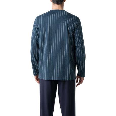 Pyjama long en coton marine à rayures pourvu d'un col v et d'une coupe droite - Image 2