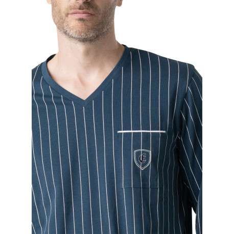 Pyjama long en coton marine à rayures pourvu d'un col v et d'une coupe droite - Image 5