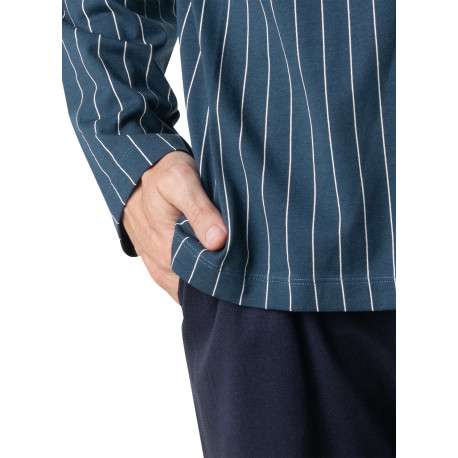 Pyjama long en coton marine à rayures pourvu d'un col v et d'une coupe droite - Image 6