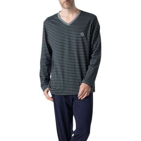 Pyjama long en coton marine à rayures pourvu d'une coupe droite et d'un col v