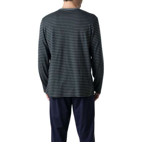 Pyjama long en coton marine à rayures pourvu d'une coupe droite et d'un col v - Image 2