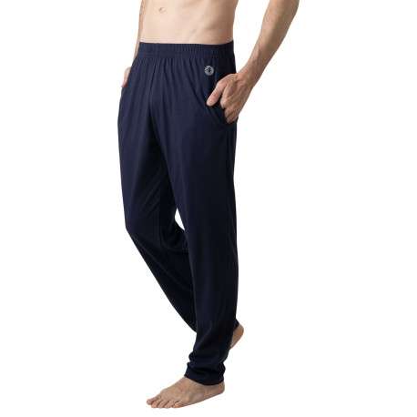 Pyjama long en coton marine à rayures pourvu d'une coupe droite et d'un col v - Image 3
