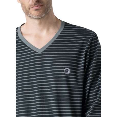 Pyjama long en coton marine à rayures pourvu d'une coupe droite et d'un col v - Image 5