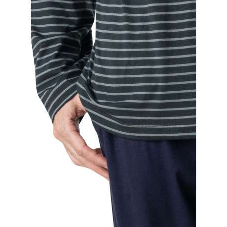 Pyjama long en coton marine à rayures pourvu d'une coupe droite et d'un col v - Image 6