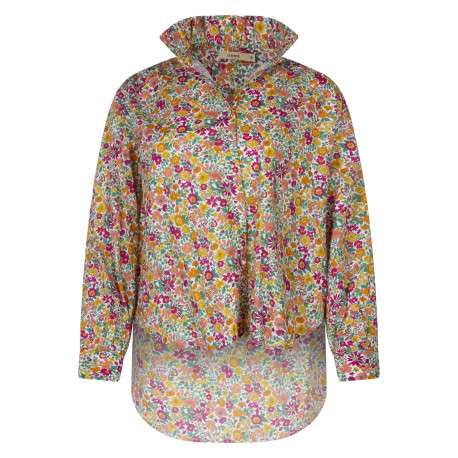 Chemisier en coton fuchsia à motifs avec une coupe droite et un col montant