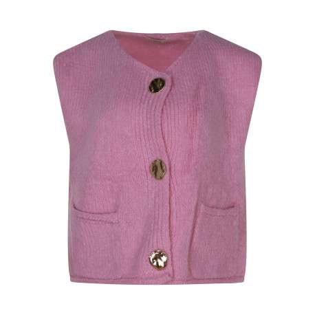 Gilet rose uni à coupe droite avec un col rond et des boutons dorés