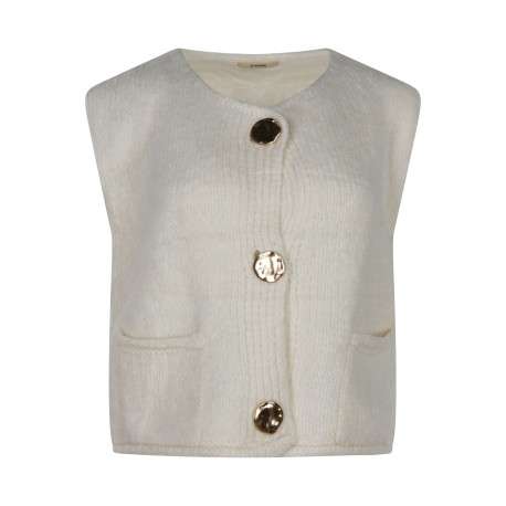 Gilet écru uni à col rond avec une coupe droite et des boutons dorés