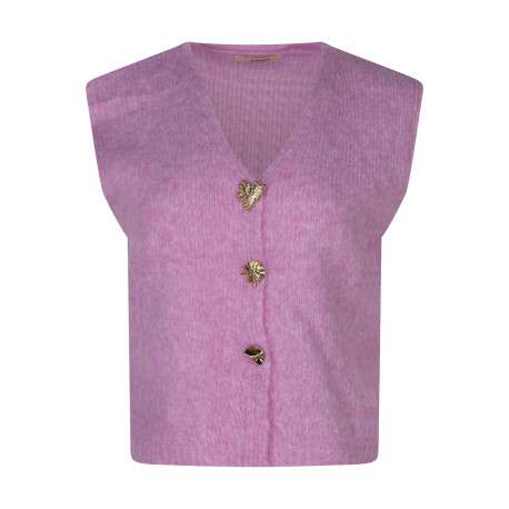Gilet rose uni sans manches avec un col en V et des boutons métalliques dorés