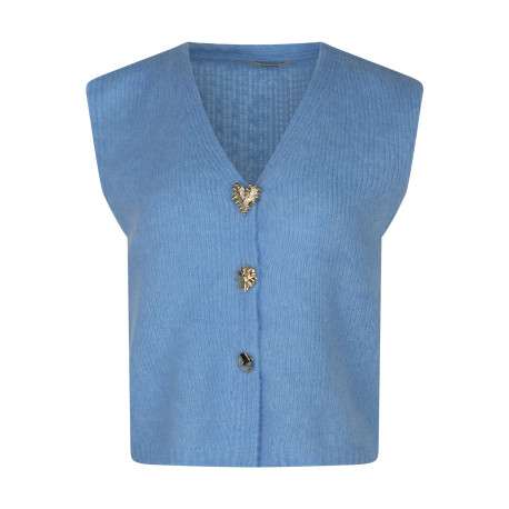 Gilet ciel uni sans manches avec un col en V et des boutons métalliques dorés