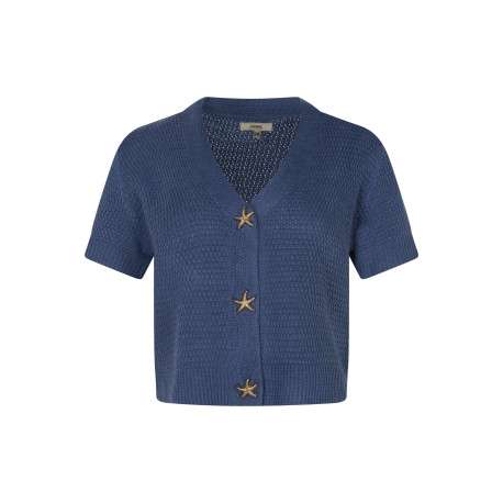 Gilet bleu uni pourvu d'une coupe droite et de boutons dorés