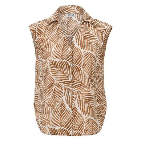 Chemisier camel à motifs floraux avec une coupe droite et un col chemise
