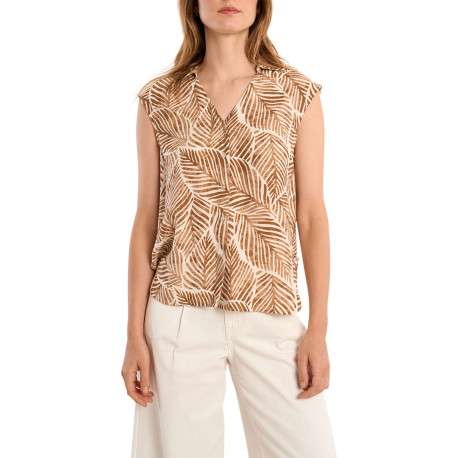 Chemisier camel à motifs floraux avec une coupe droite et un col chemise - Image 2
