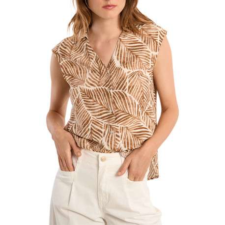 Chemisier camel à motifs floraux avec une coupe droite et un col chemise - Image 5