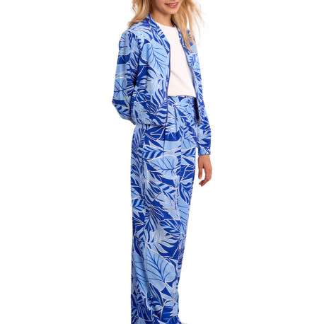 Bomber bleu floral pourvu d'une coupe droite et d'un col mao - Image 4