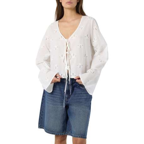 Chemisier en coton biologique blanc uni avec une coupe droite et d’un col en V - Image 3