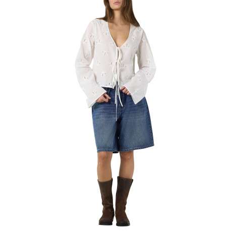Chemisier en coton biologique blanc uni avec une coupe droite et d’un col en V - Image 4