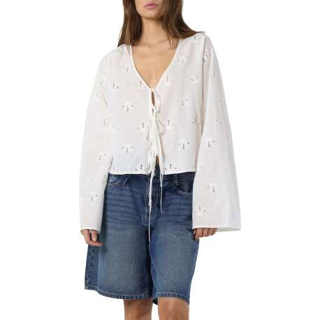 Chemisier en coton biologique blanc uni avec une coupe droite et d’un col en V - Image 6