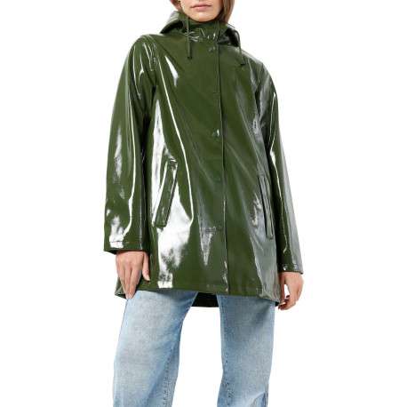 Parka vert uni pourvu d'une coupe droite à capuche et de multiples poches