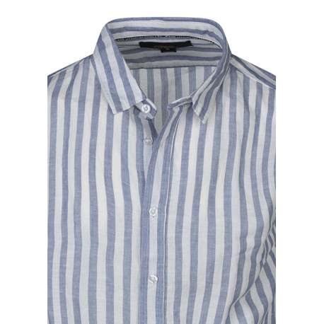 Chemise en lin et coton bleue à rayures pourvue d'un col français - Image 3