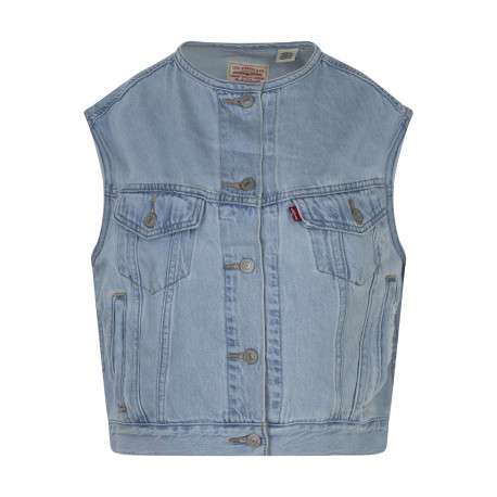 Veste en jean sans manche bleu clair denim unie avec une coupe droite