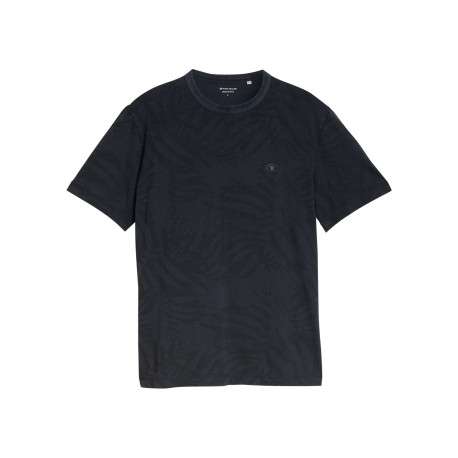 T-shirt en coton marine à motifs pourvu d'une coupe droite et d'un col rond