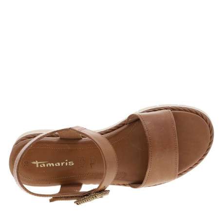 Nu-pieds en cuir cognac à semelle compensé bas et à bande auto-agrippante - Image 4