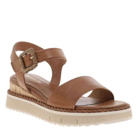 Nu-pieds en cuir cognac à semelle compensé bas et à bande auto-agrippante - Image 3