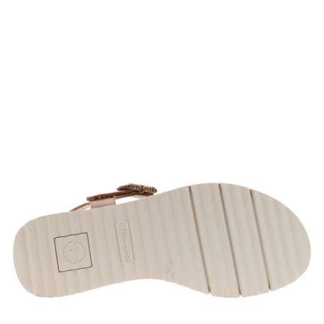Nu-pieds en cuir cognac à semelle compensé bas et à bande auto-agrippante - Image 5