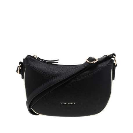 Sac bandoulière noir uni avec un logo doré embossé sur l'avant