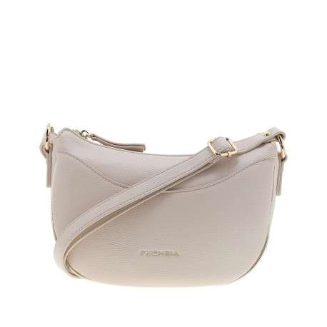 Sac à bandoulière beige uni avec un logo doré embossé à l'avant
